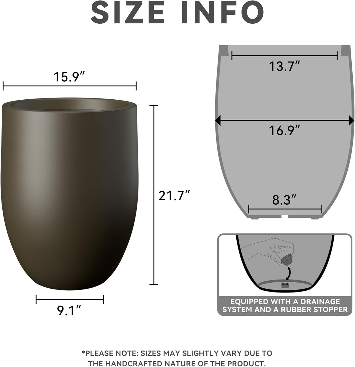 Kante Tall Concrete Planter, 21.7-Inch Height Dark Brown Large Indoor Outdoor Plant Pot with