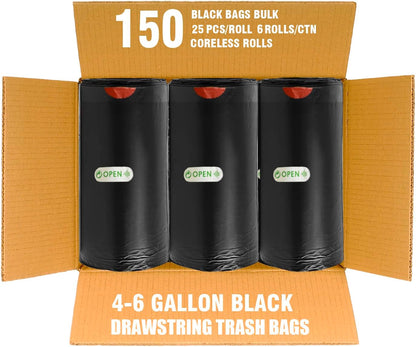 4-6 Gallon Trash Bags Drawstring, 150 Count Bulk Value Pack, Black & Unscented Multi-purpose