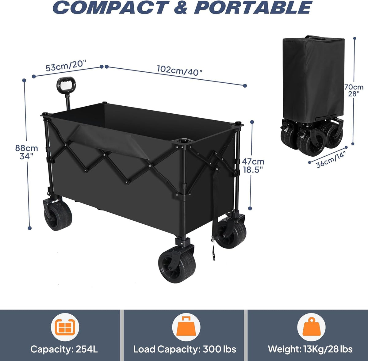 Chihee Garden Cart Collapsible Outdoor Utility Wagon Cart,Folding Beach Cart Oversized Capacity