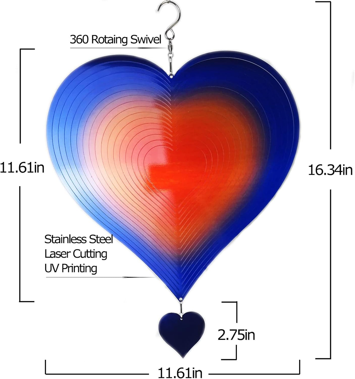 DJUAN Wind Spinners Outdoor Garden Decor 12inch Blue-Orange Love Heart Hanging Wind Spinner Metal