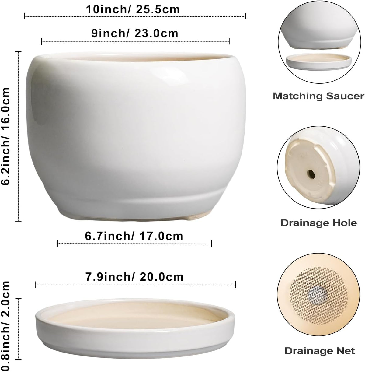 SQOWL Ceramic Pot for Plants - 10 Inch Planter with Drainage Hole and Saucer, Round Ceramic Flower