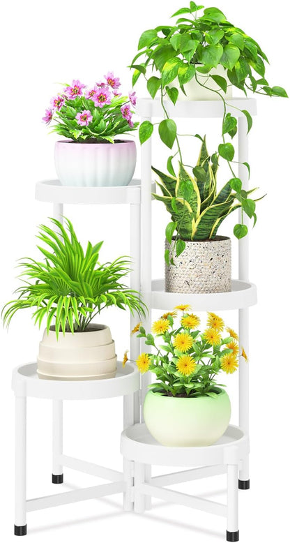 iDavosic.ly 5 Tier Folding Plant Stand Indoor Outdoor with Plastic Tray, Tiered Corner Flower