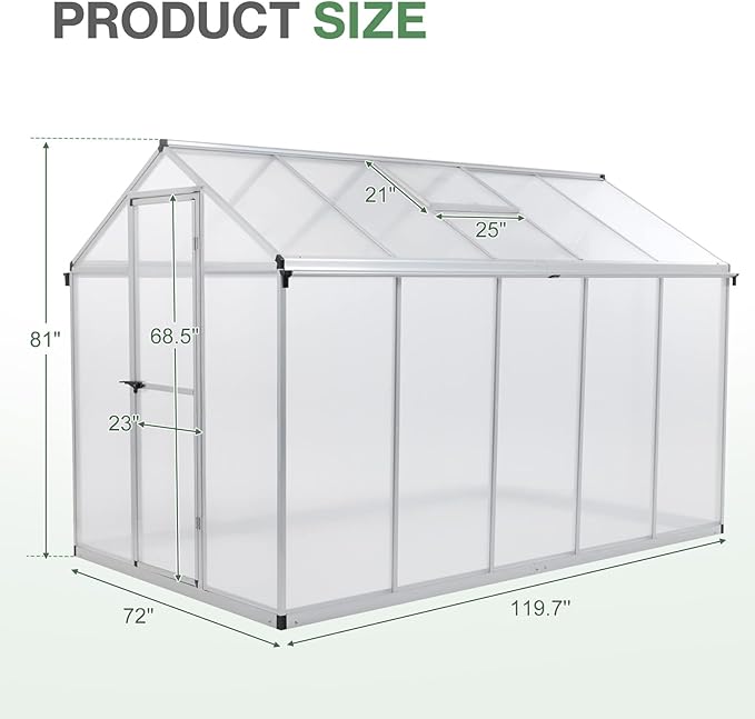 Aoodor 6 x 10 Ft Walk-in Greenhouse with Gutter, Polycarbonate and Heavy-Duty Aluminum Frame