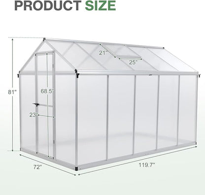 Aoodor 6 x 10 Ft Walk-in Greenhouse with Gutter, Polycarbonate and Heavy-Duty Aluminum Frame