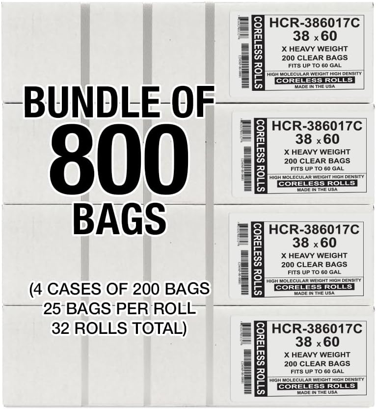 Aluf Plastics High Density Trash Bags, 60 Gallon, 800 Count, 17 Micron (eq), 38" x 60", Clear, for