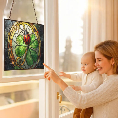 Personalized Rectangle Art Nouveau Ladybug On Clover Suncatcher Stained Glass Window Hangings Sun