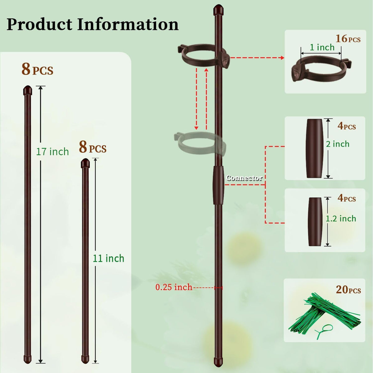 Plant Stakes 17inch &11inch SupKing 16Pcs Adjustable Flower Support Poles Brown Orchid Sticks with