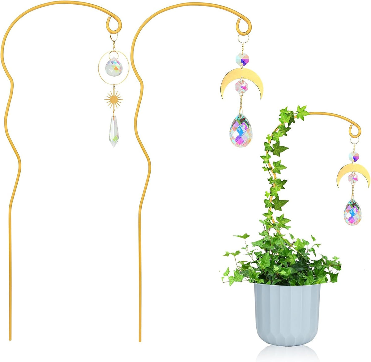 Plant Trellis for Potted Plants with Colorful Crystal Sun Catcher, 17.5 Inch Metal Plant Stakes for