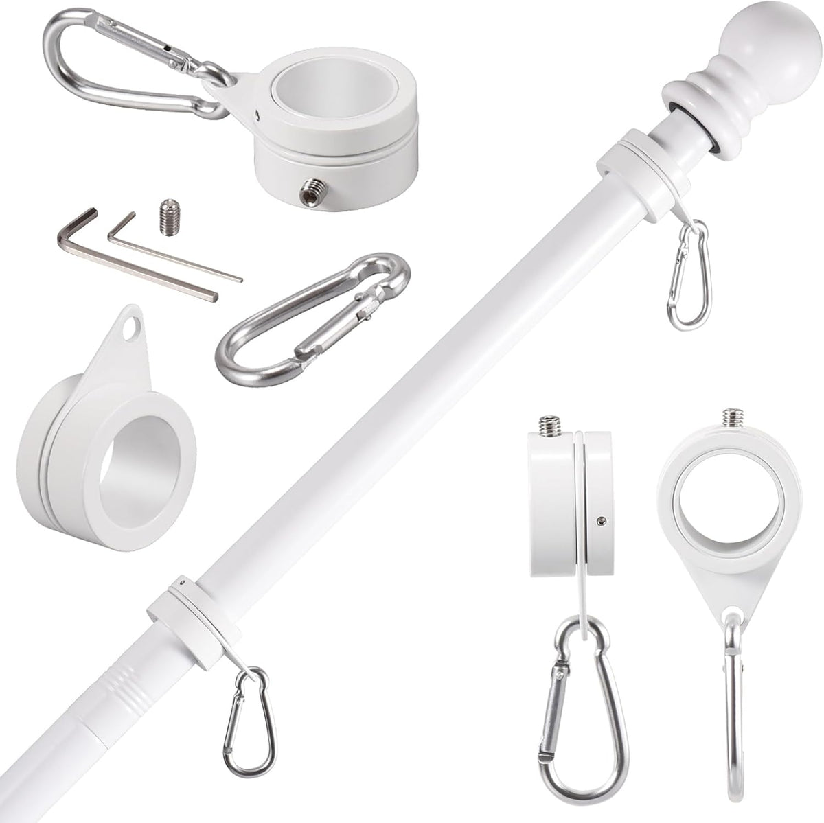 1" White Flag Pole Rings, 2 Pcs Anti Wrap Aluminum Alloy Flag Pole Clips Swivels, 360° Rotating