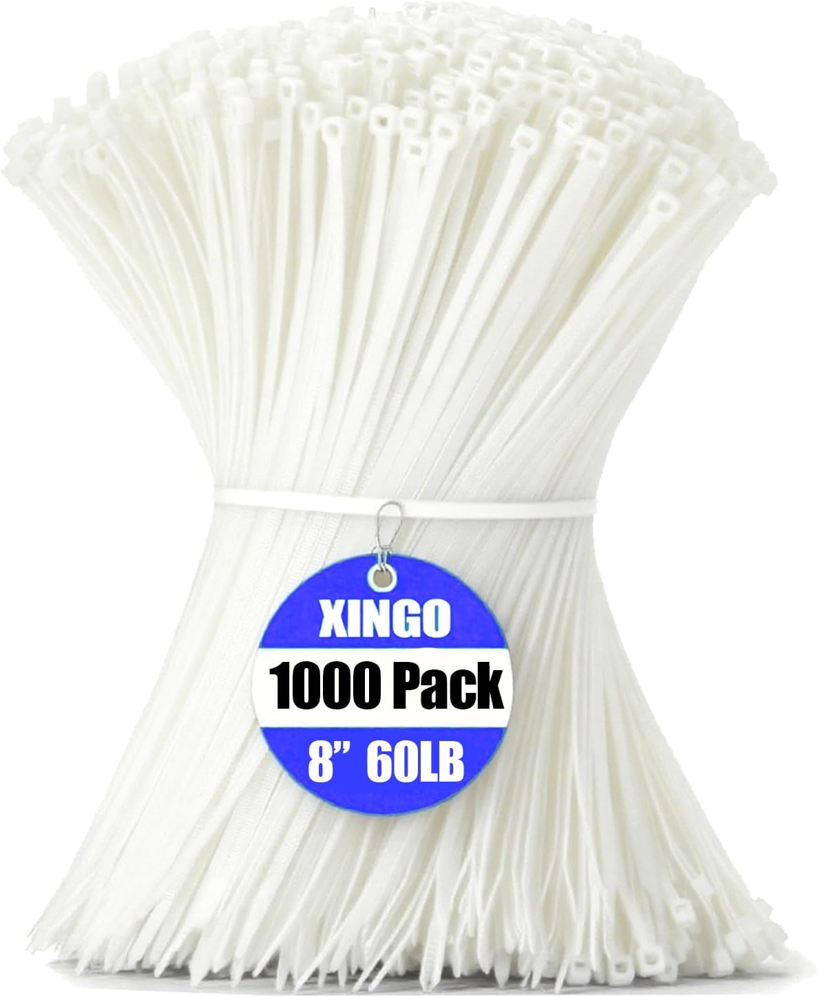 XINGO 1000 PCS White Zip Ties 8 Inch, 60 LBS Tensile Strength, Self-Locking Nylon Plastic Nylon