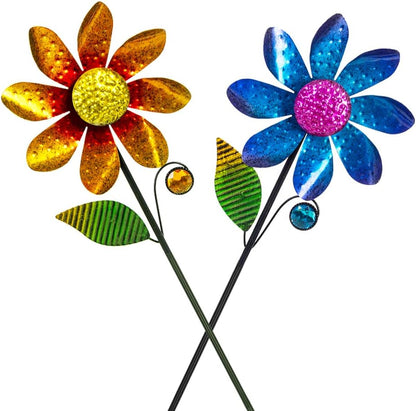 2Pack Garden Wind Spinners,Metal Wind Sculptures Outdoor Windmill Flower Pinwheel Decorations for