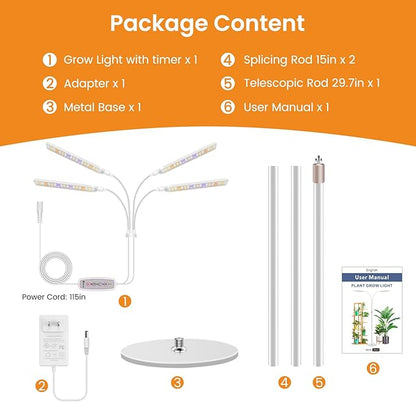 Grow Lights for Indoor Plants, 4-Head Full Specturm Plant Grow Light with 4/8/12/16H Timer, 3 Color