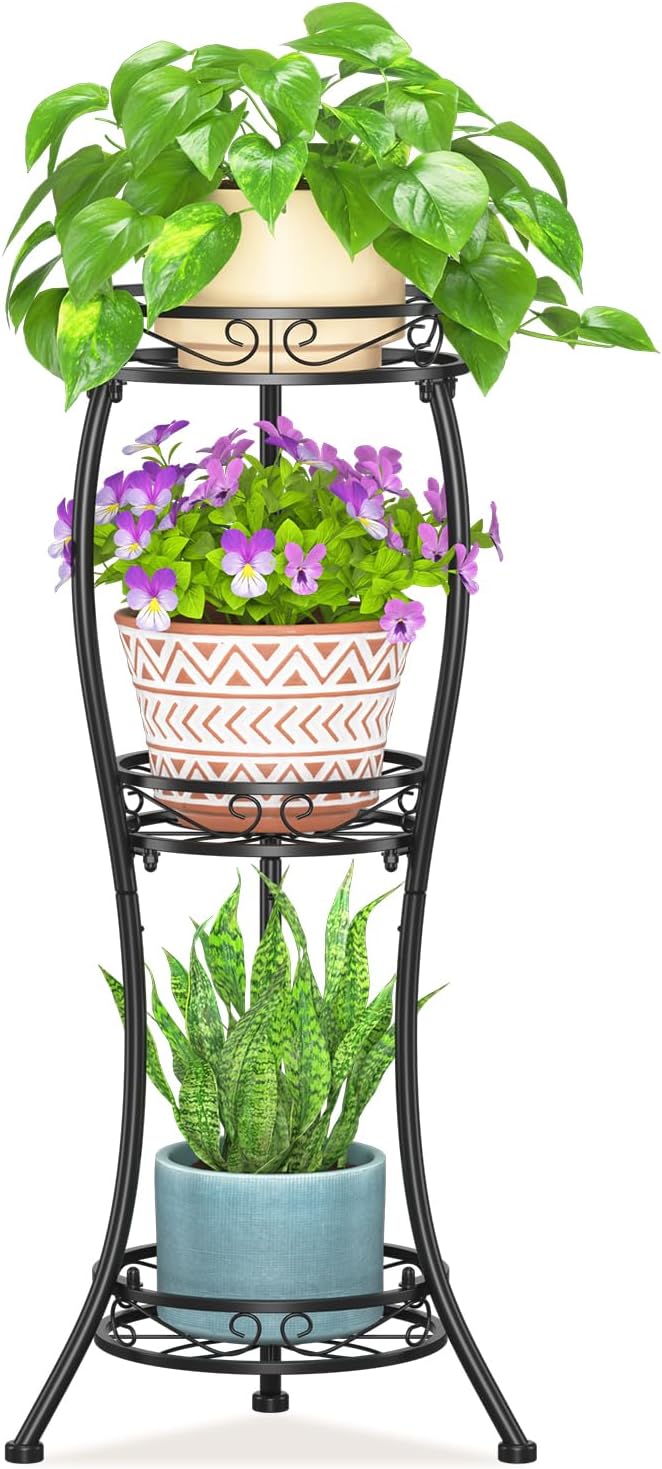 LASZOLA Black 3 Tier Tall Plant Stand for Indoor Outdoor, Large Multiple Level Flower Planter