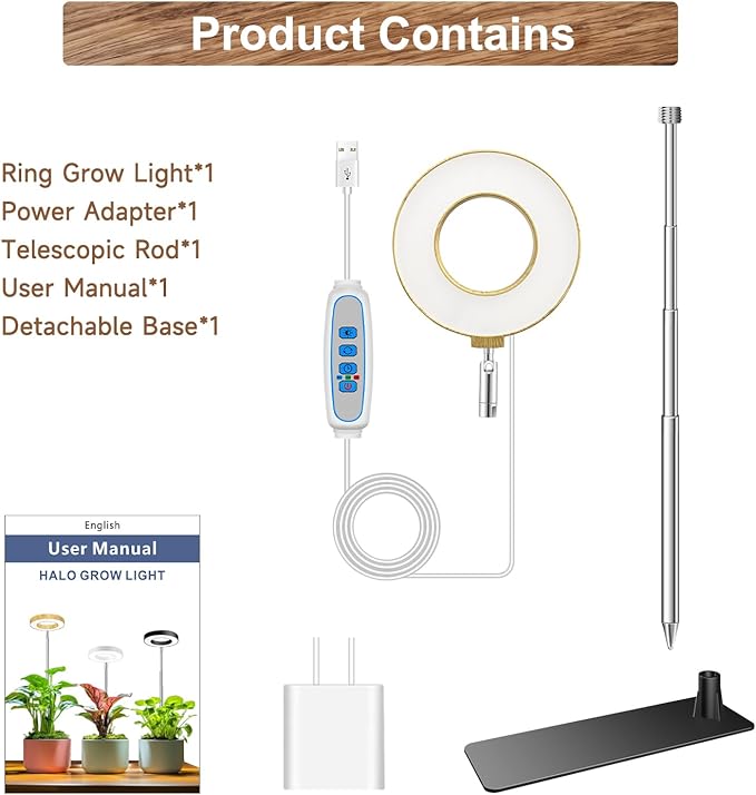 Grow Lights for Indoor Plants, 48 LEDs Full Spectrum Plant Grow Light, Height Adjustable Faux Wood
