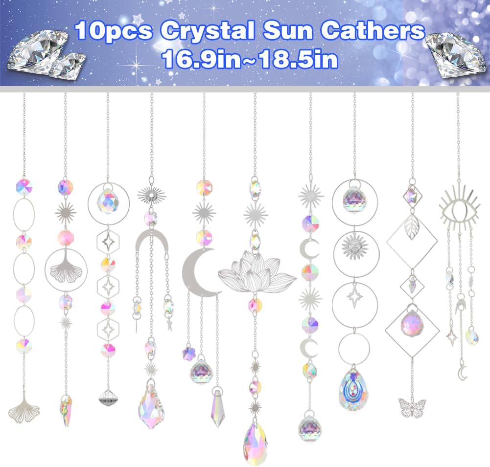 Sun Catchers, 10 Pcs Crystal Suncatcher Prism Hanging Kit with Chain Rainbow Maker Crystals Balls
