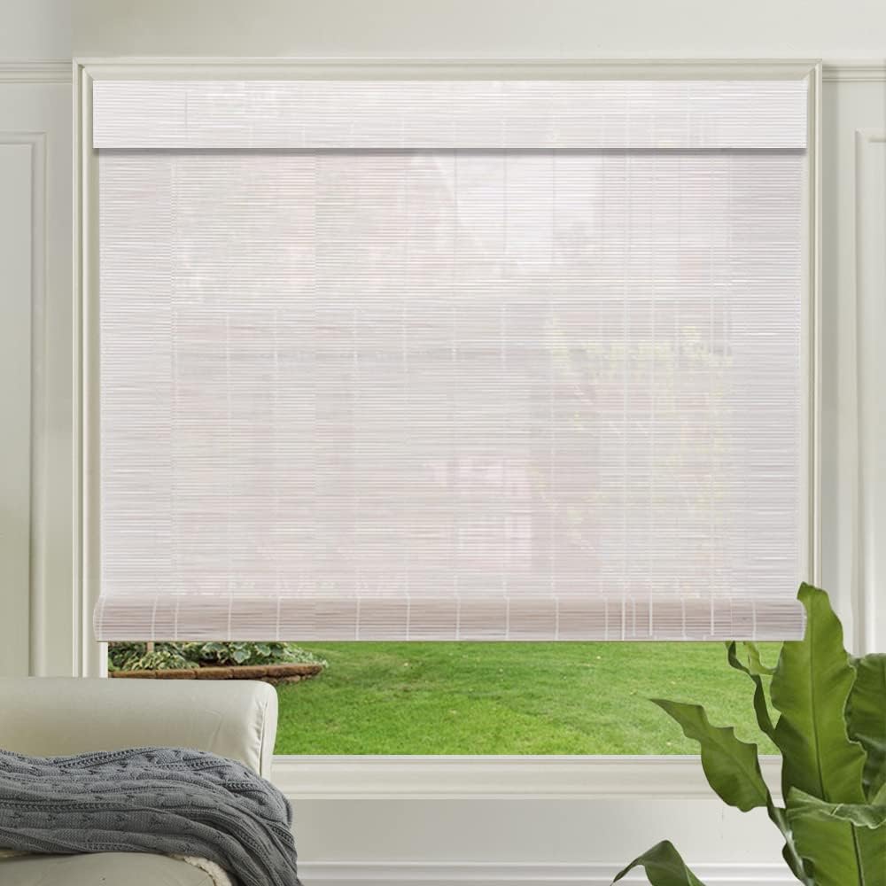 LETAU Cordless Wood Window Roller Shades, Bamboo Light Filtering Window Blinds for Outdoor Garden