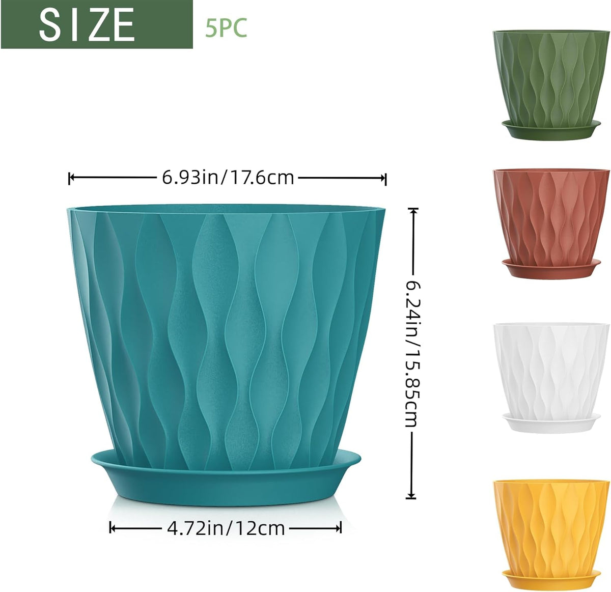 7 Inch Plant Pots 5 Pack, Flower Planters with Drainage Holes and Trays,Plastic Pots for Indoor