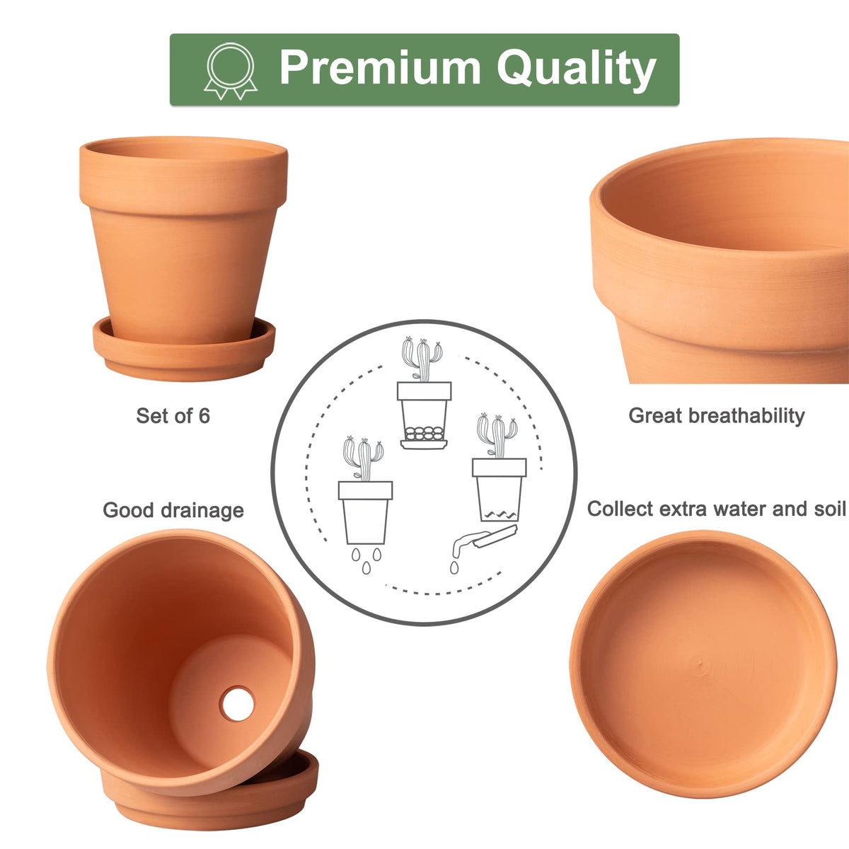 Orceler 4 Inch Terracotta Pots with Saucer - 6 Pack Small Clay Plant Pots with Drainage Holes