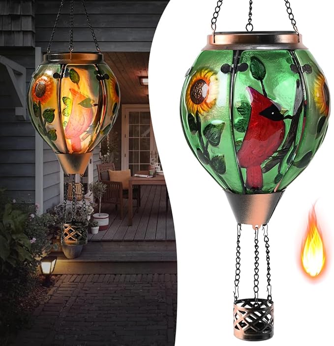Hot Air Balloon Solar Lantern - Cardinal Bird Glass Lantern, Simulated Flickering & Dancing Flame