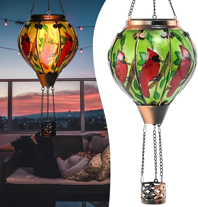 Hot Air Balloon Solar Lantern - Large Cardinal Bird Glass Lantern, Simulated Flickering & Dancing