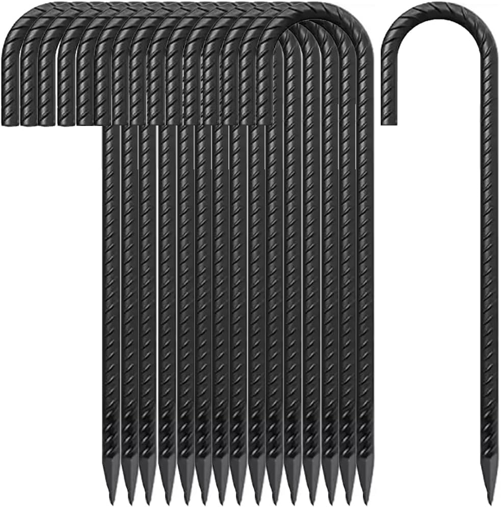 12 Inch Rebar Stakes J Hook Ground Stakes,16-Pack Fence Stakes Metal Tent Stakes for Tents