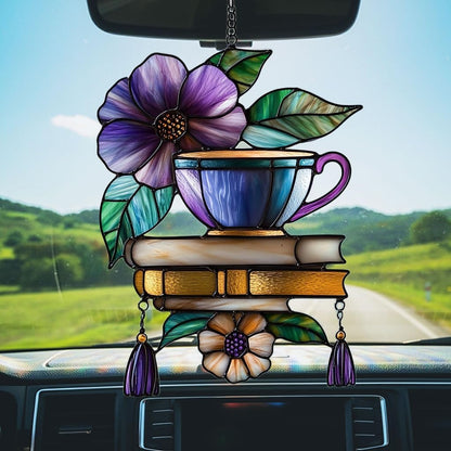 Hibiscus Tea Cup and Books Acrylic Suncatcher Stained Glass Effect Window Car Hanging Christmas