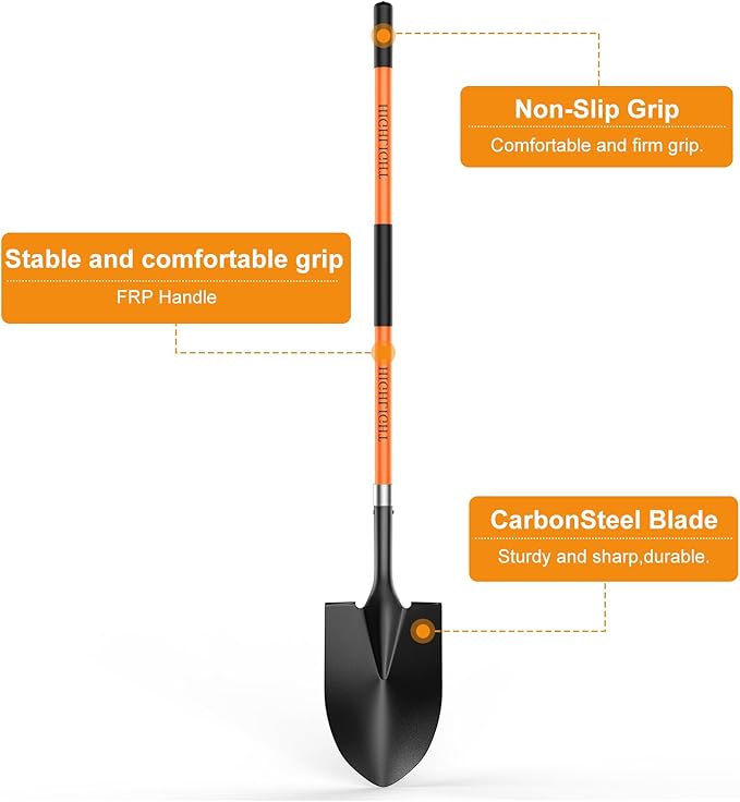 HIGHLIGHT Spade, Heavy Duty Gardening Shovel, Garden Shovel 56 inch for Digging, Round Shovel with