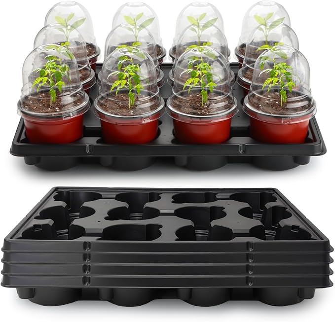 4 Inch 60 Pack Nursery Pots with Humidity Domes & 5 Pack 12 Cell Round Seedling Pot Carrying Trays