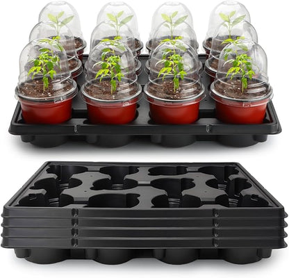4 Inch 60 Pack Nursery Pots with Humidity Domes & 5 Pack 12 Cell Round Seedling Pot Carrying Trays