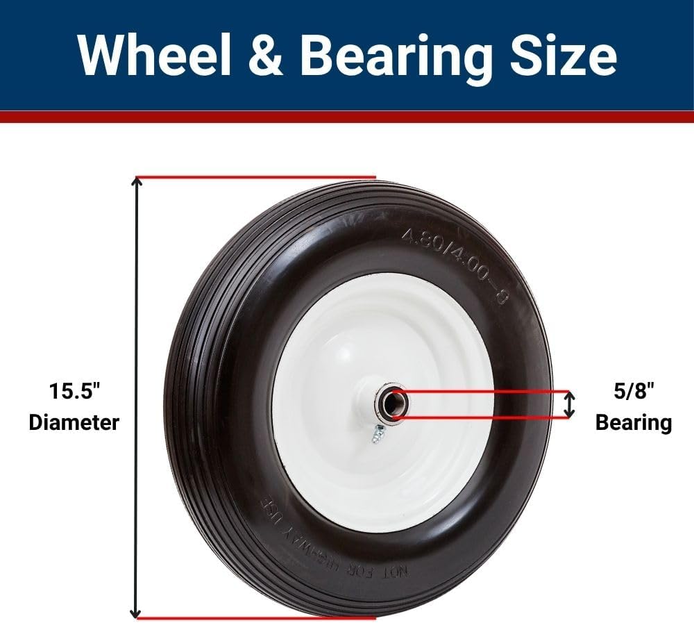 16" Flat Free Wheelbarrow Tire | Replacement Wheel for Wheelbarrow, Trailer, Wagon | Durable Wheel