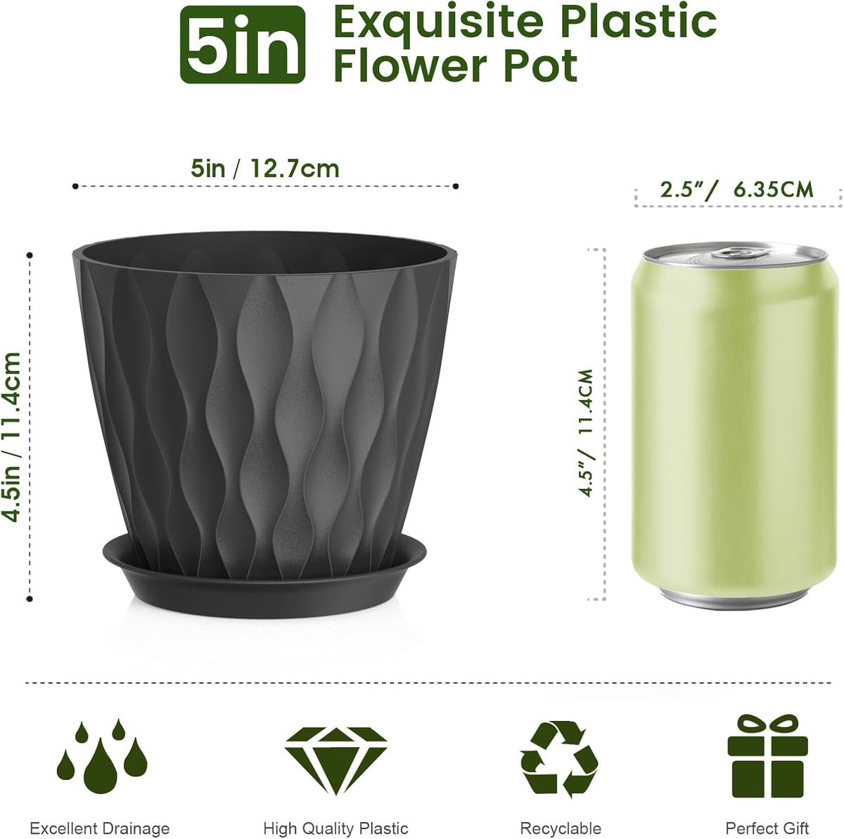 5 inch Plant Pots for Indoor Outdoor Plants, 6 Pack Thick Nursery Pots with Drainage Holes and