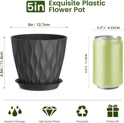 5 inch Plant Pots for Indoor Outdoor Plants, 6 Pack Thick Nursery Pots with Drainage Holes and