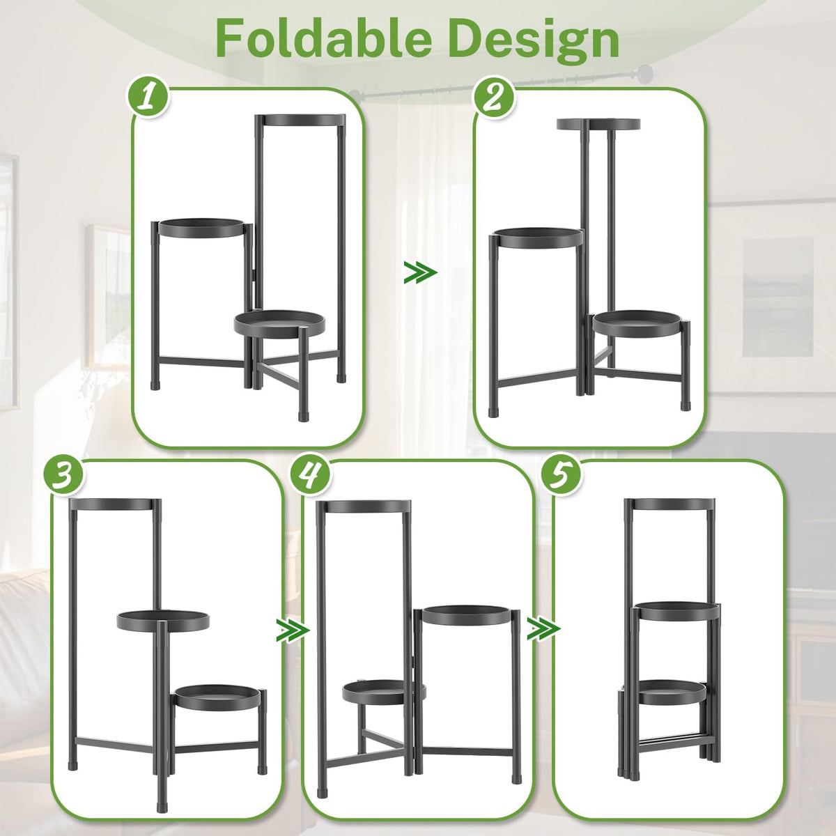 iDavosic.ly Plant Stand Indoor Outdoor, 3 Tier Corner Metal Flower Display Holder Shelf, Folding