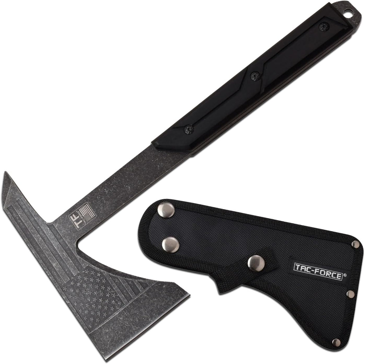 TAC-FORCE Tomahawk – Axe - Stonewash Finish Stainless Steel Blade w/Etched U.S.A. Flag, Black Wood