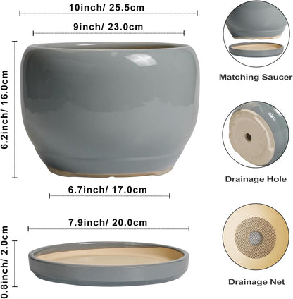 SQOWL 10 Inch Plant Pot - Ceramic Planter for Indoor Plants, Round Ceramic Flower Pot with Drainage
