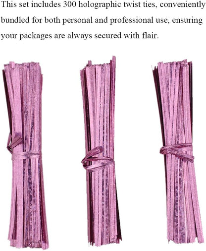 HAHIYO 300Pcs 4inches Holographic Pink Metal Twist Ties Bread Candy Coffee Bag Ties Plant Garden