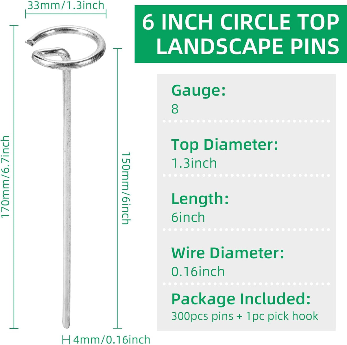 300 Pack 6 Inch Landscape Staples, Thickened 8 Gauge Circle Top Garden Stakes Heavy Duty Galvanized
