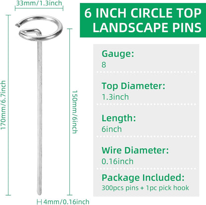 300 Pack 6 Inch Landscape Staples, Thickened 8 Gauge Circle Top Garden Stakes Heavy Duty Galvanized