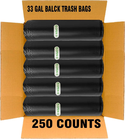 33 Gallon Trash Bags, 250 Count Bulk, Black Garbage bags, Multi-purpose Trash Can Bin Liners for