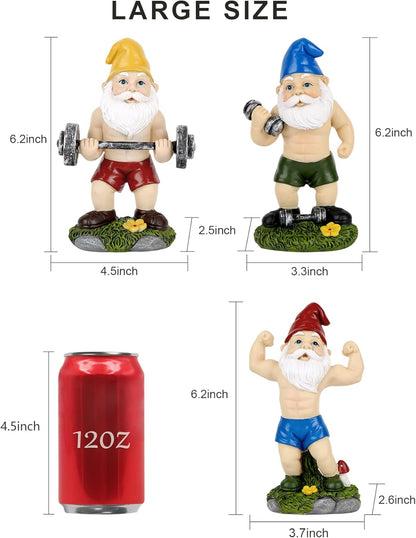 Funny Workout Garden Gnomes Statues 3pcs 6.2 Inches Outdoor Muscular, Barbell and Dumbbell Gnomes