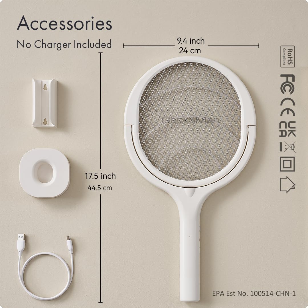 GeckoMan Rotating Head Electric Fly Swatter Racket Rechargeable Bug Zapper Racket Bug Zapper Indoor