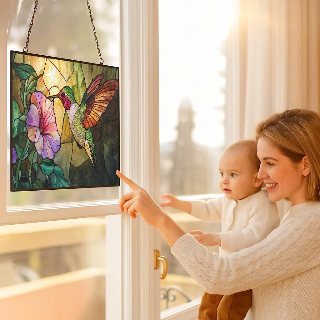 Customized Rectangle Art Nouveau Hummingbird and Glory Stained Glass Window Hanging, Stained Glass