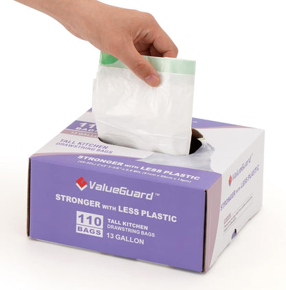 Trash Bags Garbage Bag 13 Gallon Drawstring Tall Waste Bag for Kitchen Office Party 0.6 Mil (110