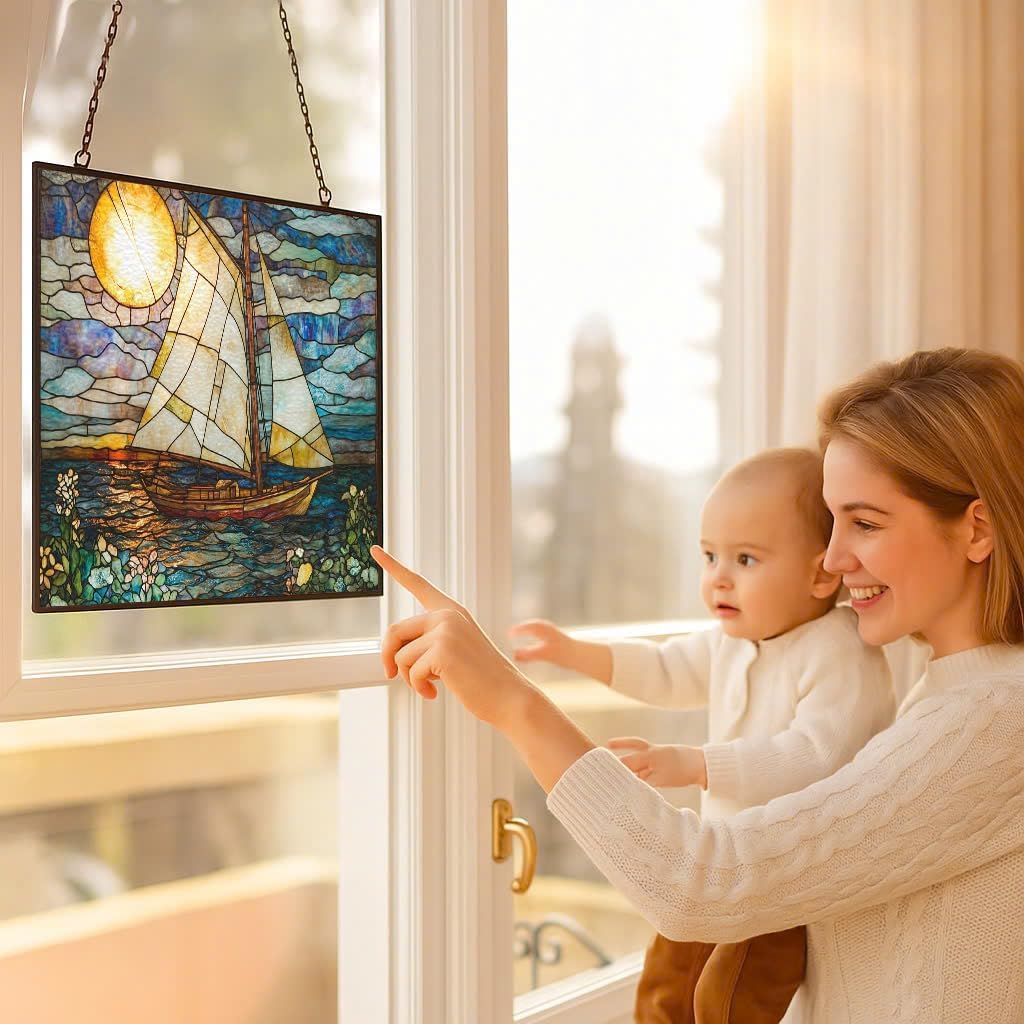 Personalized Rectangle Art Nouveau Painted Sailboat Stained Glass Window Hanging Suncatcher