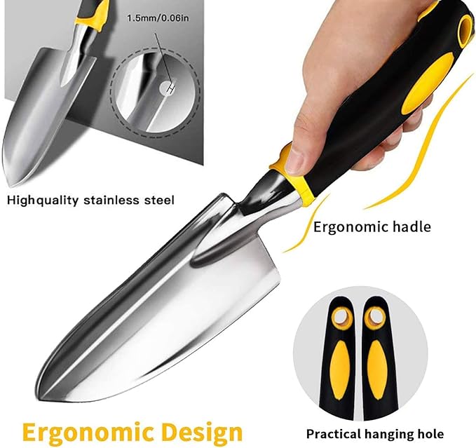 Edward Tools Gardening Hand Tools 3 Piece Set - Heavy Duty Garden Trowel, Transplanter, Hand Rake