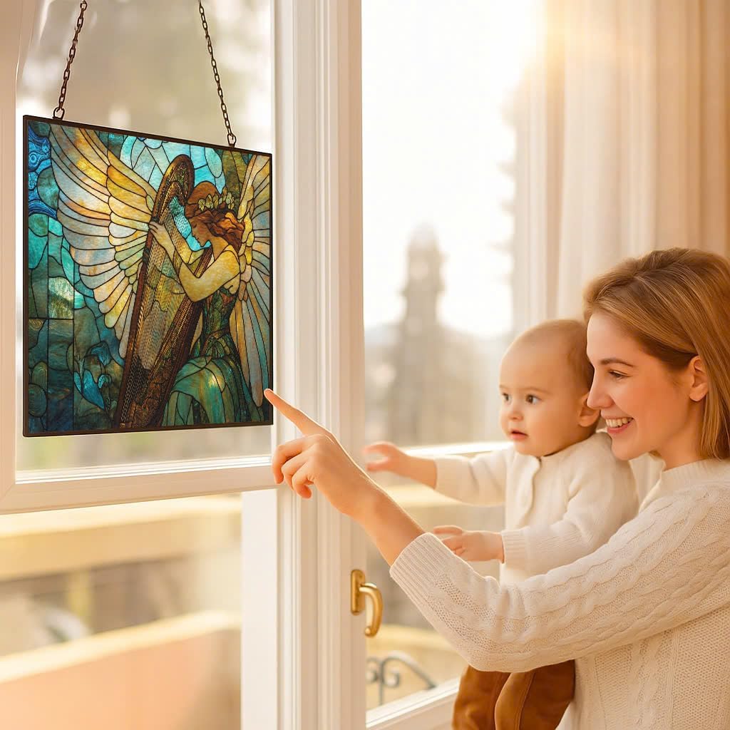 Customized Rectangle Art Nouveau Harp Angel Stained Glass Suncatcher Window Hangings, Stained Glass