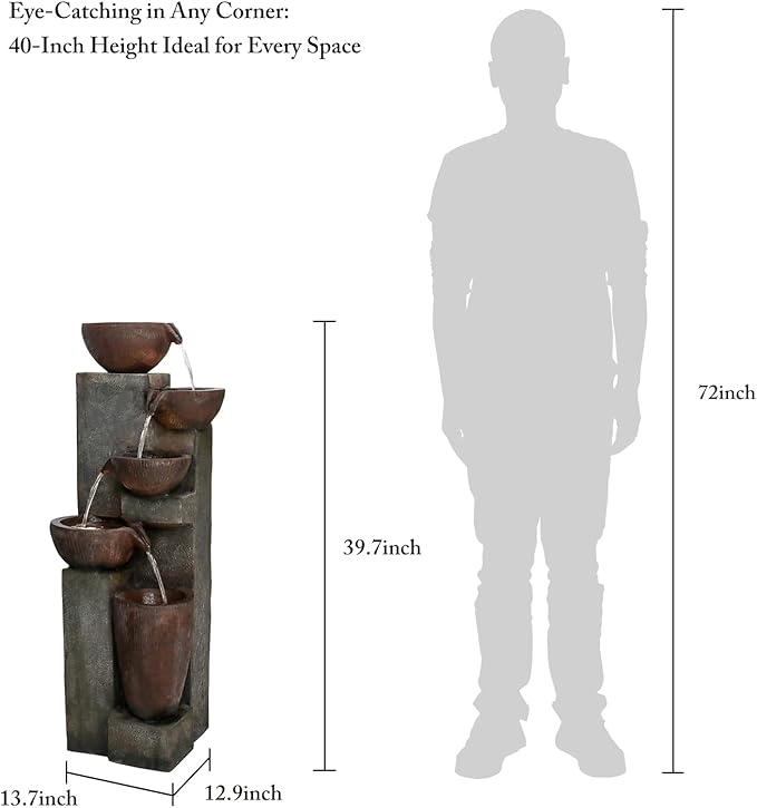 Naturefalls 39.7in.Modern Outdoor Fountain -5-Tier Resin Water Feature, Indoor Outdoor Garden