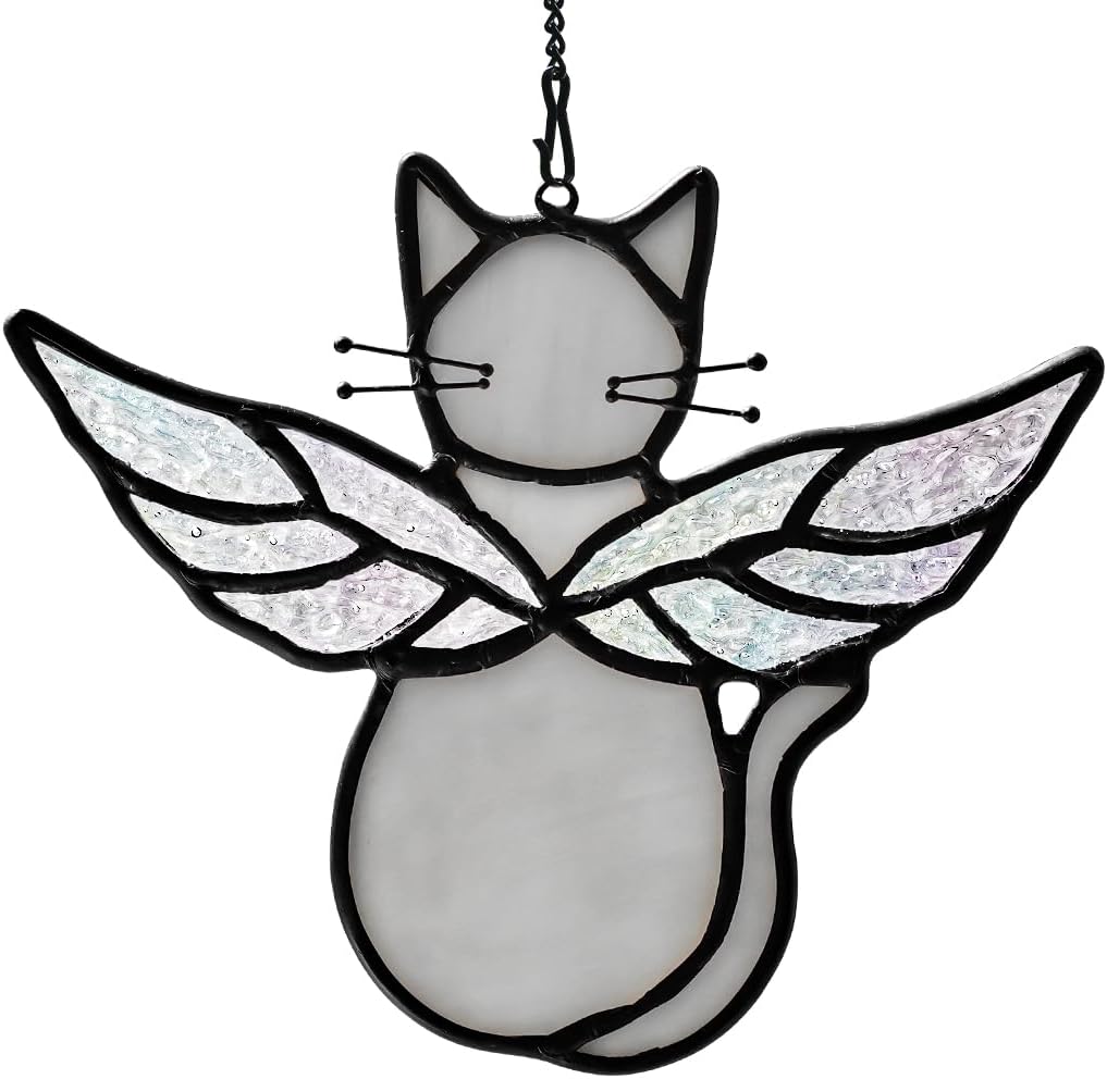 Gray Cats Gifts for Cats Lovers Suncatcher for Window,Angel Cat Memorial Gifts Stained Glass Window