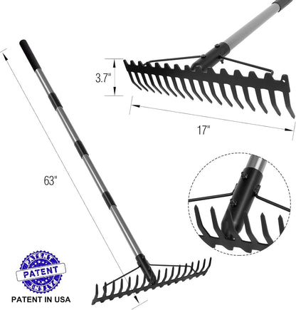 Walensee 5.4FT Bow Rake Heavy Duty Garden Rake with Stainless Steel Handle, 17 Steel Tines Garden