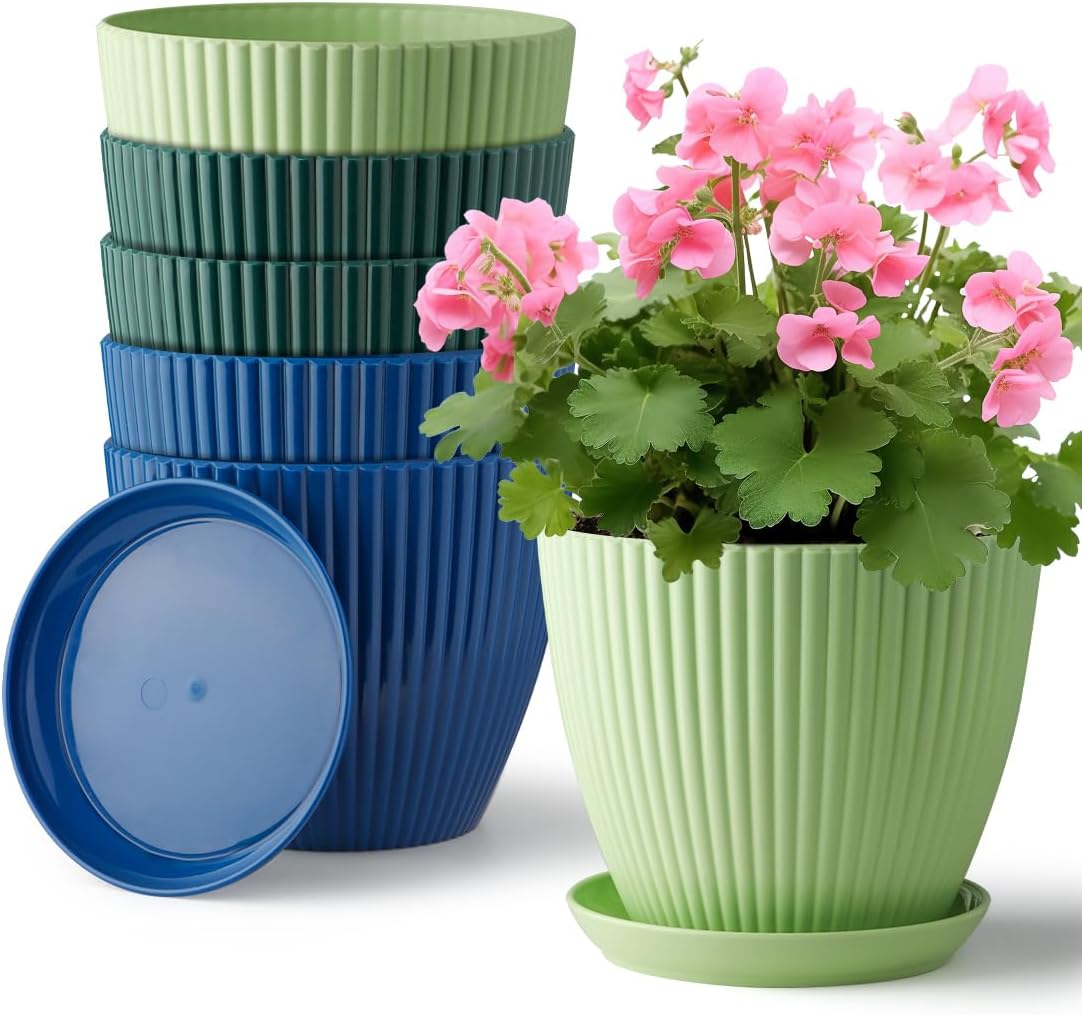 Plastic Plant Pots, 6 Pack 7.5 Inch Flower Pots with Drainage Holes and Saucer, Planters for Indoor